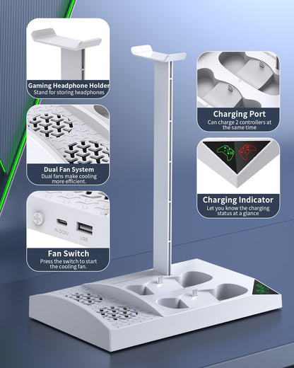 Charger Stand with Cooling Fan for Xbox Series S Console and Controller,Vertical Dual Charging Dock Accessories with 2 X 1400Mah Rechargeable Battery and Cover, Earphone Bracket for XSS